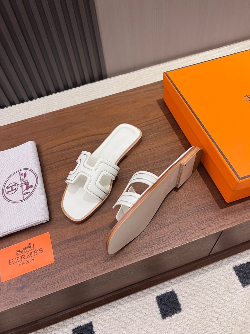 Hermes White Leather Oran Slide Sandals